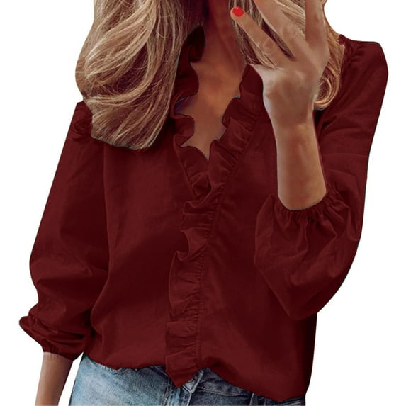 ZOHIUM Dressy Tops for Women Womens Summer Ruffle V Neck Long Sleeve Solid Print Casual Dressy T Shirt Top Women Blouses Dressy Casual Womens Work Tops (Wine Red,XXXXXL)