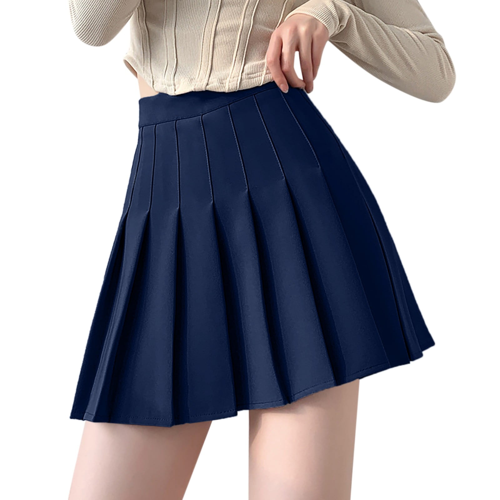 Faldas De Mujer Elegantes Knee Length Skirts for Women Womens Girls Solid Pleated Skirt Basic Skirt Aline Design Skirt Summer Skirts Denim Skirt (Navy Blue,S)