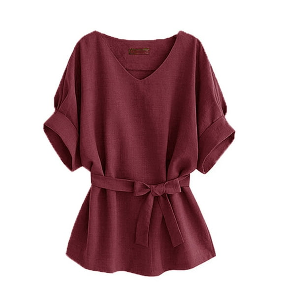 ZOHIUM Ladies Tops and Blouses V Neck Cotton and Linen Shirt Sleeved Shirt Bat Sleeves Large Size Loose Waisted Cotton and Linen Top N Women Linen Shirt Women (Red,XXXL)