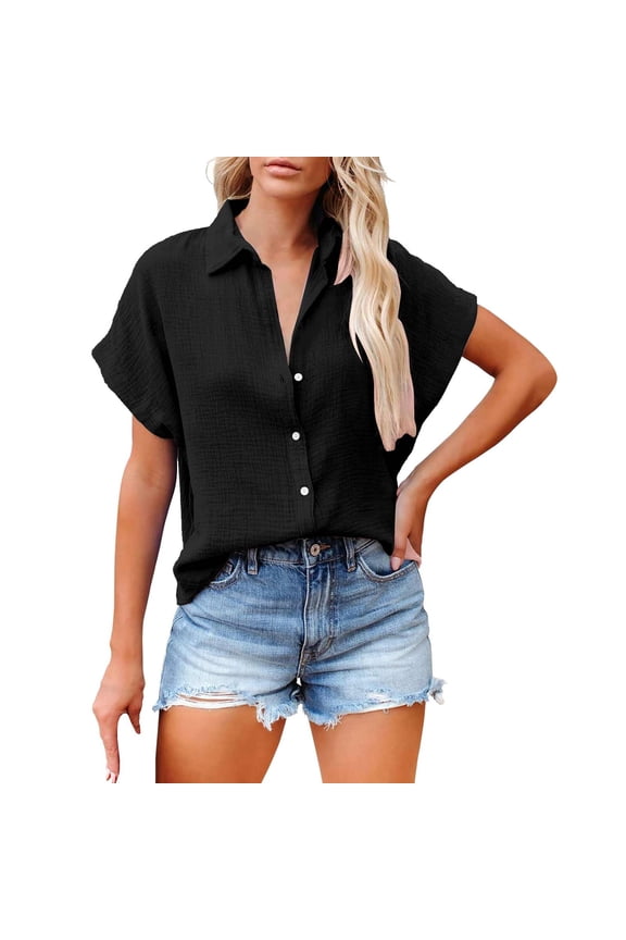Ladies Tops and Blouses Women's Solid Color Single Breasted Fashionable Casual Shirt Sleeved Shirt Women Blouses Dressy Casual Women Tops Women'S Tops (Black,XXXXXL)