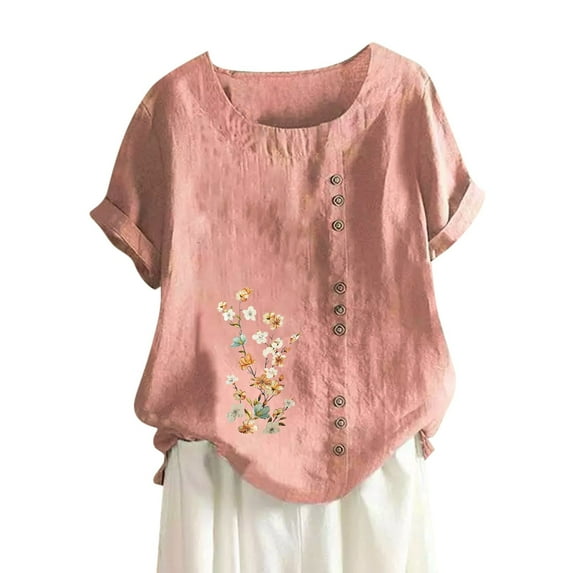 ZOHIUM Long Sleeve Shirts for Women Women's Cotton And Linen Loose Fit Casual Floral Print Short Sleeve Button Up Top Womens Tops Tshirts Casual Blouse Tops for Women 2024 (Pink,L)