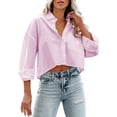 thumbnail image 1 of ZOHIUM Petite Tops for Women Womens Button Down Cropped Shirts Long Sleeve Casual Crop Tops Solid Lapel Blouse Shirt With Chest Pocket Ladies Tops and Blouses Clothes (Pink,S), 1 of 6