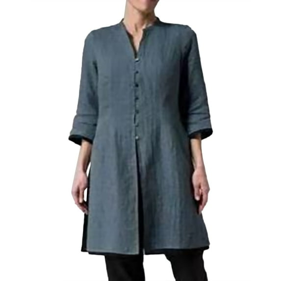 ZOHIUM Summer Blouse Women's Cotton Linen Medium Long Slim Slim Waist Slim Sleeve Cardigan Shirt Women Summer Tops Summer Tops for Women 2052 Womens Blouses (Dark Gray,S)