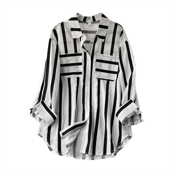 ZOHIUM Summer Blouses for Women 2067 Women's Mid Length Vertical Stripe Casual Loose Long Sleeve Shirt Top Womens Tops Dressy Casual Dressy Tops for Women (Black,XXL)