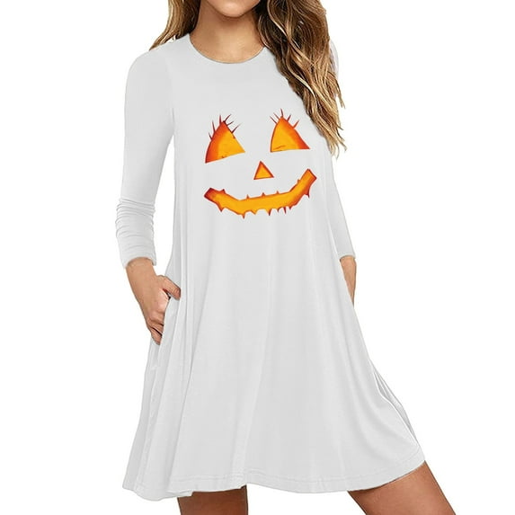 ZOHIUM Summer Dresses Women Cat Costume Girls Plus Size Gothic Costume Women's Festival Pumpkin Face Print Long Sleeve Slim Dress Dress Dresses (White,Xxxxl)