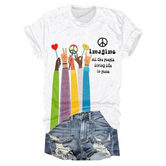 ZOHIUM Summer Tops Women's Fashion Round Neck Short Sleeve Retro Hippie All The People Living Life In Peace Printed Top T Shirt White T Shirt Clothes for Women (White,S)