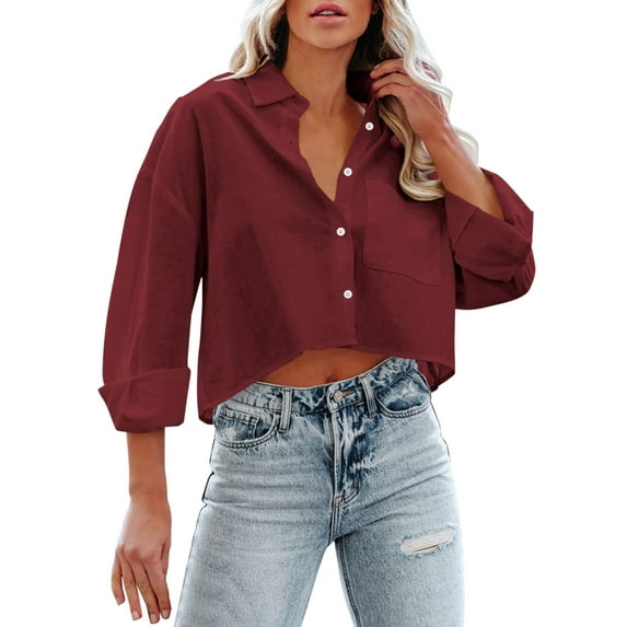 ZOHIUM Summer Tops Womens Button Down Cropped Shirts Long Sleeve Casual Crop Tops Solid Lapel Blouse Shirt With Chest Pocket Summer Blouses Ladies Tops and Blouses (Red,XL)