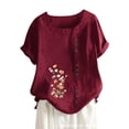 thumbnail image 1 of ZOHIUM Summer Tshirts Tops for Women Blouse Women's Cotton And Linen Loose Fit Casual Floral Print Short Sleeve Button Up Top Long Sleeve Shirts for Women Womens Tops Tshirts Casual (Wine Red,S), 1 of 6