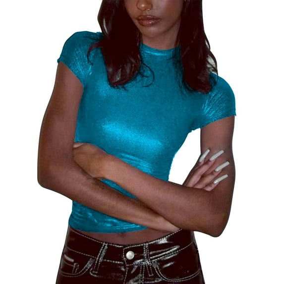 ZOHIUM T Shirt Women's Tops Dressy Casual Women's Solid Color Reflective Shiny Metallic Round Neck Short Sleeve Bodysuit T Shirt Summer Outfits for Women (Blue,M)