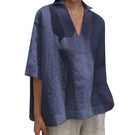 ZOHIUM T Shirts Women's Clothing Women's Mid Sleeved V Neck All Solid Color Oversized Loose Shirt T Shirt Casual Shirts for Women Basic Tees for Women Tops for Women Fashion (Dark Blue,XXL)