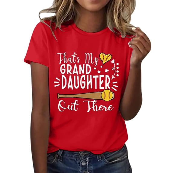 ZOHIUM Tee Shirts Women's That'S My Granddaughter Out There Women's Lettering Baseball Print Round Neck Short Sleeve T Shirt Top Flowy Tops for Women Women's Shirts Casual (Red,XXL)