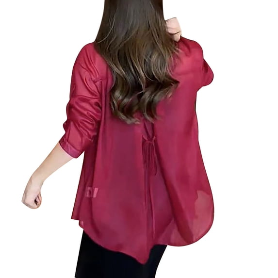ZOHIUM Tops Women's Spring/Summer Solid Color Long Sleeved Shirt Chiffon Thin Shirt Button Down Shirts for Women Summer Tops for Women 2165 (Red,One Size)