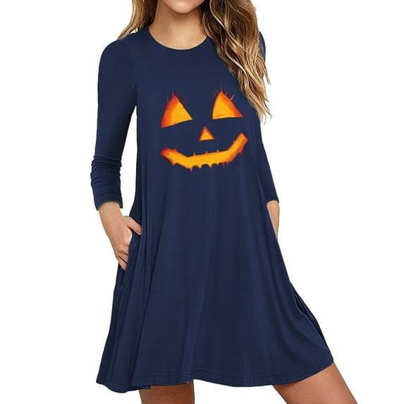 ZOHIUM Tropical Dresses for Women Women Cat Costume Girls Plus Size Gothic Costume Women's Festival Pumpkin Face Print Long Sleeve Slim Dress Dress Dresses (Blue1,Xxxl)