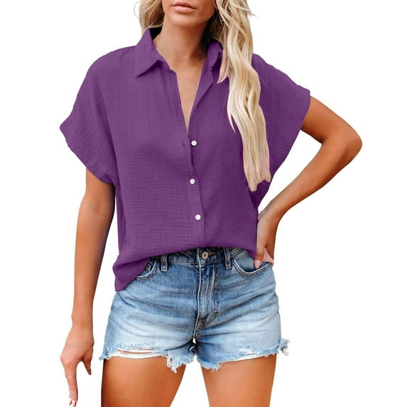 ZOHIUM Women Blouses Dressy Casual Women's Solid Color Single Breasted Fashionable Casual Shirt Sleeved Shirt Summer Tops Purple Shirt for Women Blouses for Women (Purple,M)