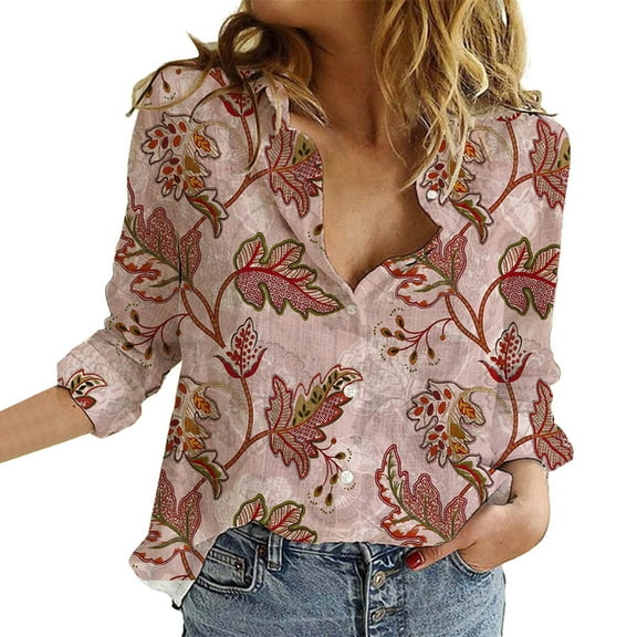 ZOHIUM Women Casual Blouses Flower Print Button Down Long Sleeve Shirt Floral Graphic V Neck Casual Summer Fall Pleated Classic-Fit Tops