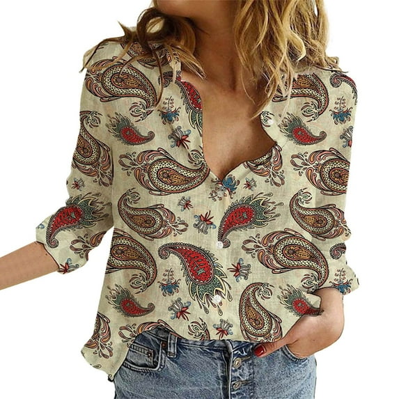 ZOHIUM Women Casual Blouses Flower Print Button Down Long Sleeve Shirt Floral Graphic V Neck Casual Summer Fall Pleated Classic-Fit Tops