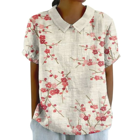 ZOHIUM Women Summer Tops Summer Tops for Women 2024 Women's Linen Lapel Art Floral Round Neck Button Loose Pullover Top Casual Shirt T Shirt Womens Summer Clothes (White,XL)