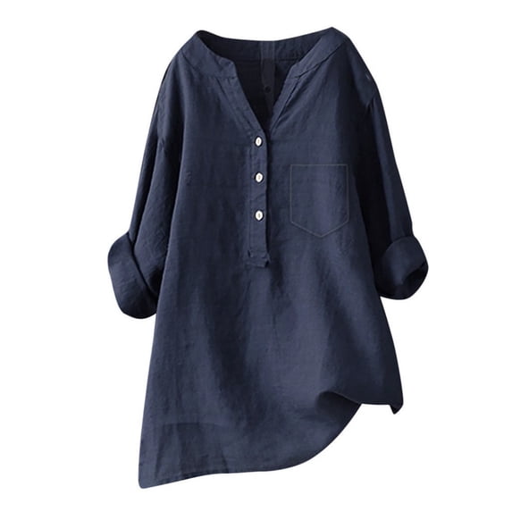 ZOHIUM Women Tops Dressy Casual Women's Solid Color Stand up Collar Button Cotton Long Sleeved Shirt Blouse Dressy Tops for Women Womens Button Down Shirt (Navy Blue,XXXXXL)