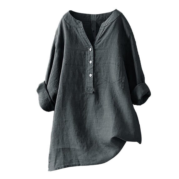 ZOHIUM Women Tops Dressy Casual Women's Solid Color Stand up Collar Button Cotton Long Sleeved Shirt Blouse Womens Blouses Summer Outfits for Women Womens Blouse (Dark Gray,XXL)