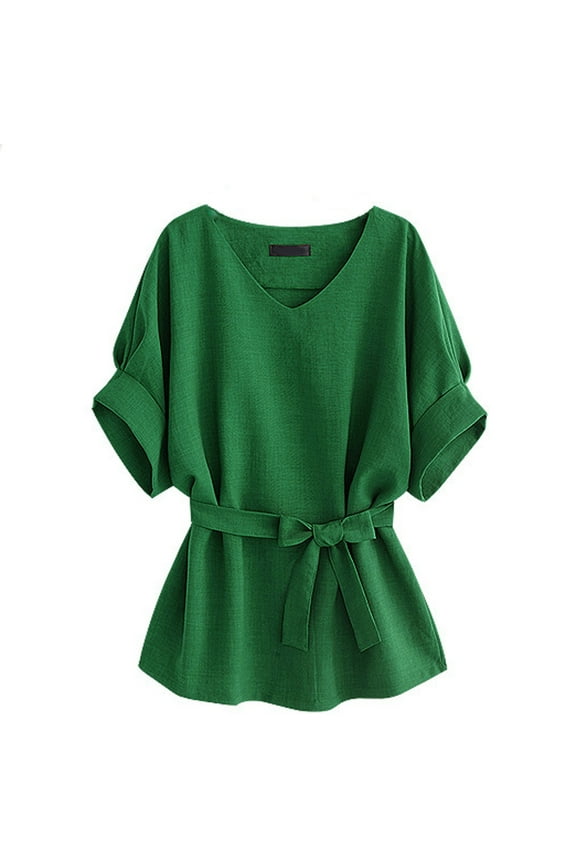 Women Tops V Neck Cotton and Linen Shirt Sleeved Shirt Bat Sleeves Large Size Loose Waisted Cotton and Linen Top N Women Work Shirts for Women Linen Tops for Women (Green,XXXL)