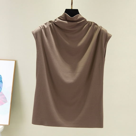 ZOHIUM Women Turtleneck Sleeveless Cotton Solid Casual Loose Tunic Top Tee Shirt Tank (Coffee,M)
