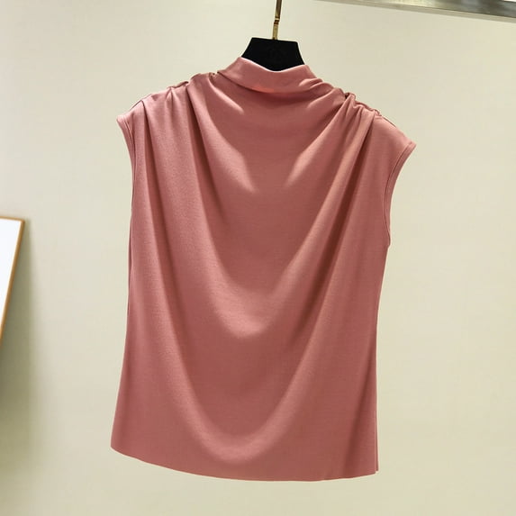 ZOHIUM Women Turtleneck Sleeveless Cotton Solid Casual Loose Tunic Top Tee Shirt Tank (Pink,L)