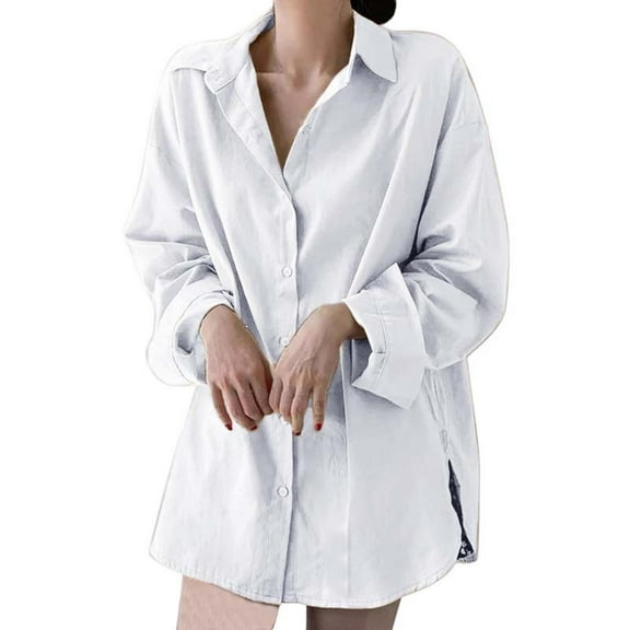 ZOHIUM Women's Blouses & Button-Down Shirts Women Solid Long Sleeve Turn Down Collar Button Loose Casual Shirt Blouses Shirts for Women White Button Down Shirt Women Tops (White,L)
