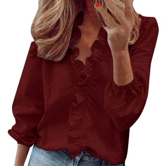 ZOHIUM Women's Blouses & Button-Down Shirts Womens Summer Ruffle V Neck Long Sleeve Solid Print Casual Dressy T Shirt Top Womens Shirts Dressy Casual Tops for Women Trendy (Wine Red,S)
