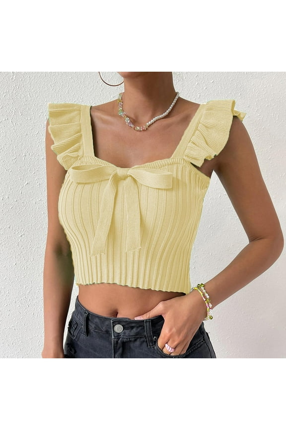 Women's Peplum Small Flying Sleeve Bow Crop Crop T Shirt Slim Top Vest (Beige,S)