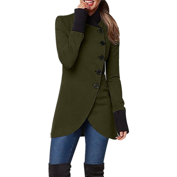 ZOHIUM Women's Solid Color Single Breasted Patchwork Hem Slit Long Sleeved Top (Army Green,S)