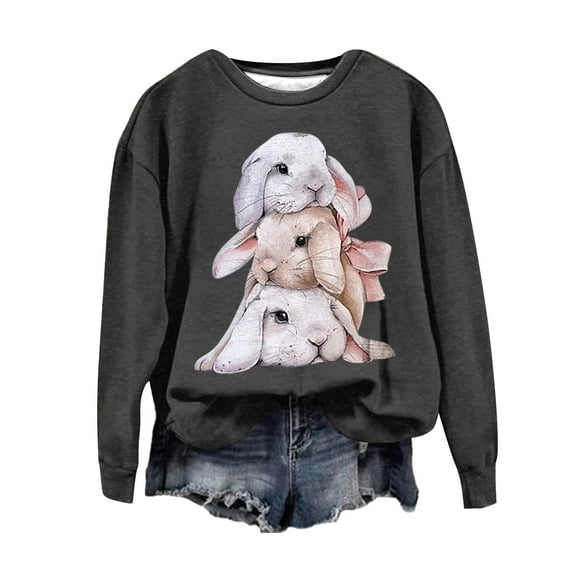 ZOHIUM Women's Spring/Summer New Leisure Fashion Easter Rabbit Print Round Neck Sweater Top (Gray,S)