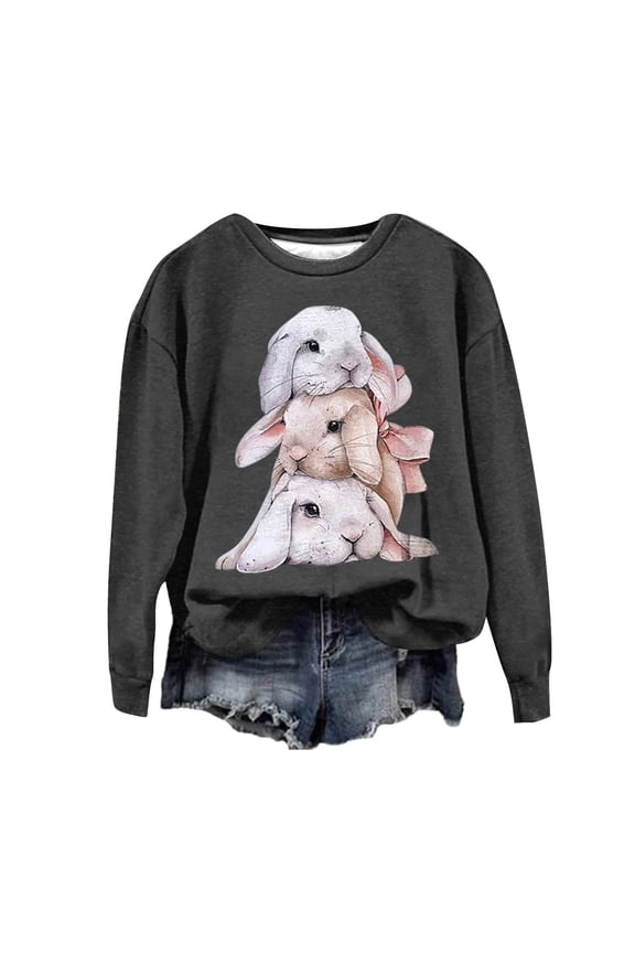 Women's Spring/Summer New Leisure Fashion Easter Rabbit Print Round Neck Sweater Top (Gray,S)