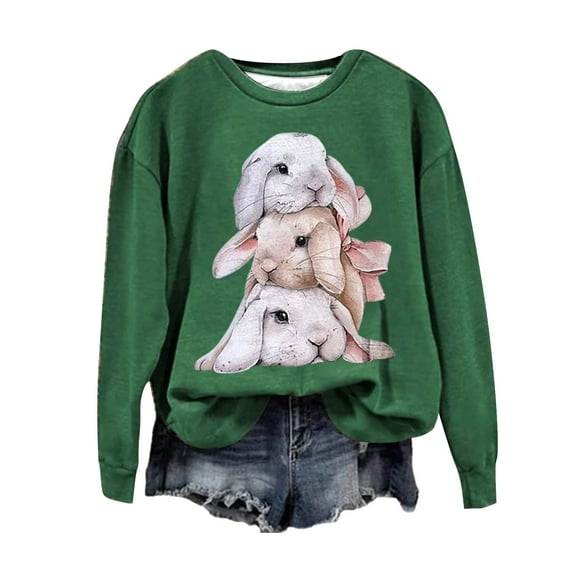 ZOHIUM Women's Spring/Summer New Leisure Fashion Easter Rabbit Print Round Neck Sweater Top (Green,Xl)