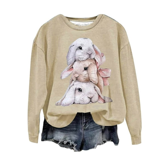 ZOHIUM Women's Spring/Summer New Leisure Fashion Easter Rabbit Print Round Neck Sweater Top (Khaki,Xl)