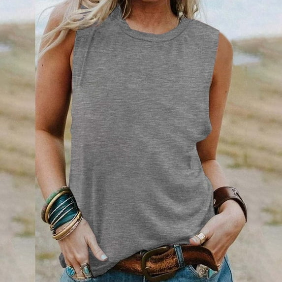 ZOHIUM Women's Summer Sleeveless Tank Top Loose Fit Casual Crew Neck T Shirts Basic Tee Tops (Gray,M)