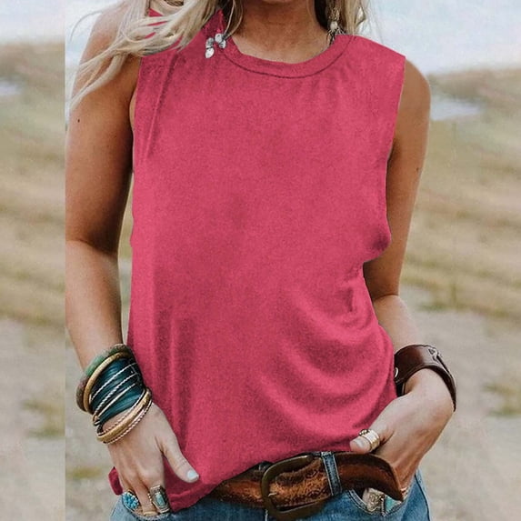 ZOHIUM Women's Summer Sleeveless Tank Top Loose Fit Casual Crew Neck T Shirts Basic Tee Tops (Hot Pink,Xxxl)