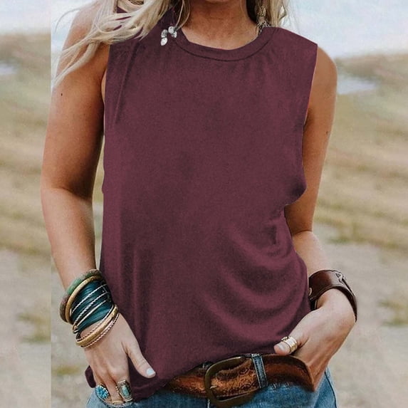 ZOHIUM Women's Summer Sleeveless Tank Top Loose Fit Casual Crew Neck T Shirts Basic Tee Tops (Wine Red,L)