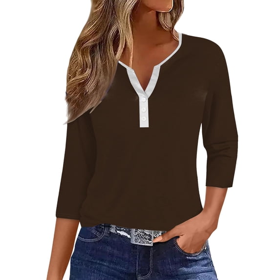 ZOHIUM Women's Tees Womens Summer Tops Cute V Neck Shirts 3/4 Length Sleeve Blouses Dressy Loose Fit Tunics Graphic Tees Women's Summer Clothes Work Shirts for Women (Brown,XXL)
