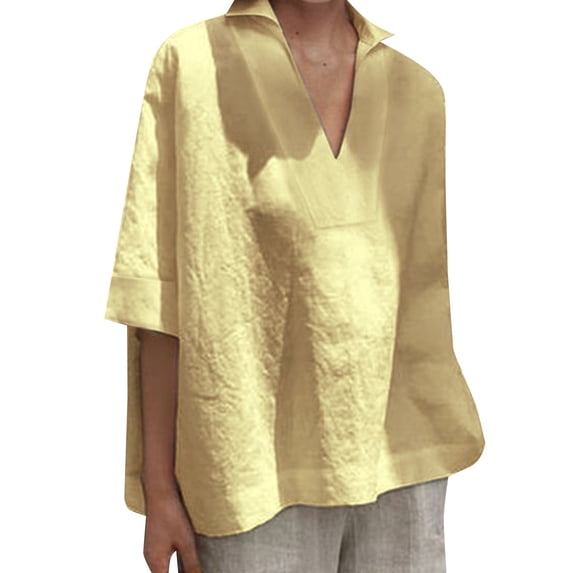 ZOHIUM Women's Top Summer Shirts Women's Mid Sleeved V Neck All Solid Color Oversized Loose Shirt T Shirt T Shirts for Women Work Clothes for Women Women's Shirts (Yellow,XXL)