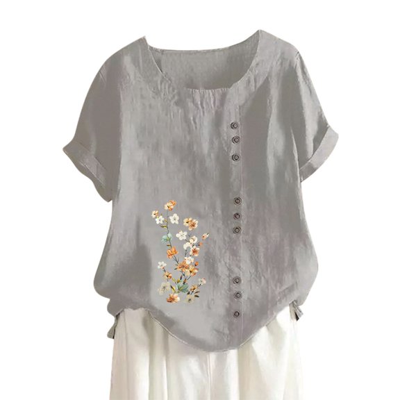 ZOHIUM Womens Blouse Tshirts Women's Cotton And Linen Loose Fit Casual Floral Print Short Sleeve Button Up Top Casual Tops Tshirts for Women Blouses Tshirts Summer Women (Gray,XL)