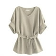 thumbnail image 1 of ZOHIUM Womens Blouse V Neck Cotton and Linen Shirt Sleeved Shirt Bat Sleeves Large Size Loose Waisted Cotton and Linen Top N Women Tops Linen Tops for Women Summer (Khaki,XXXXL), 1 of 6