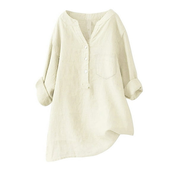 ZOHIUM Womens Blouses Dressy Casual Women's Solid Color Stand up Collar Button Cotton Long Sleeved Shirt Blouse Women'S Tops Blouses Women Summer Tops (Beige,M)