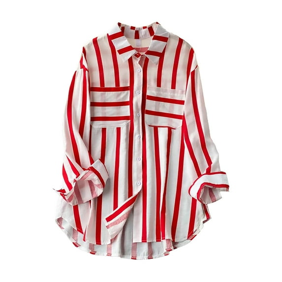 ZOHIUM Womens Button Down Shirt Women's Mid Length Vertical Stripe Casual Loose Long Sleeve Shirt Top Women'S Tops Blouses Womens Blouses Dressy Casual (Red,M)