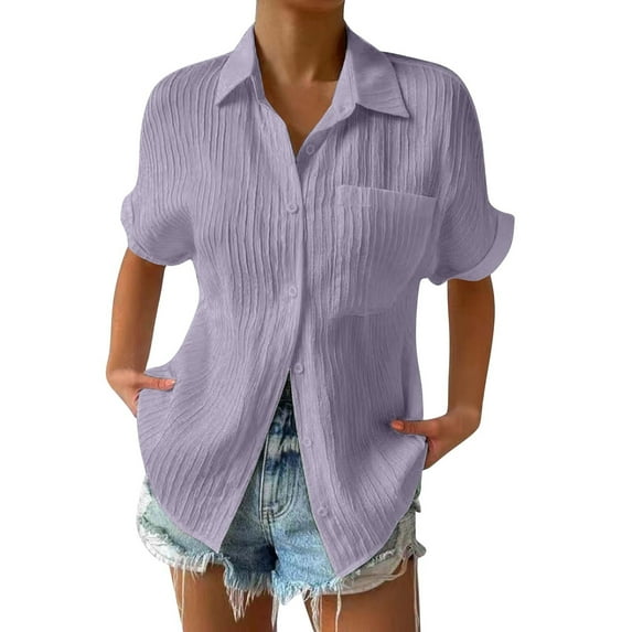 ZOHIUM Womens Button Down Shirt Women's Summer Solid Color Loose Plus Size Long Cotton Texture Dress Shirt Top Womens Tops Dressy Casual Purple Tops for Women Blouses for Women (Purple,XXXL)