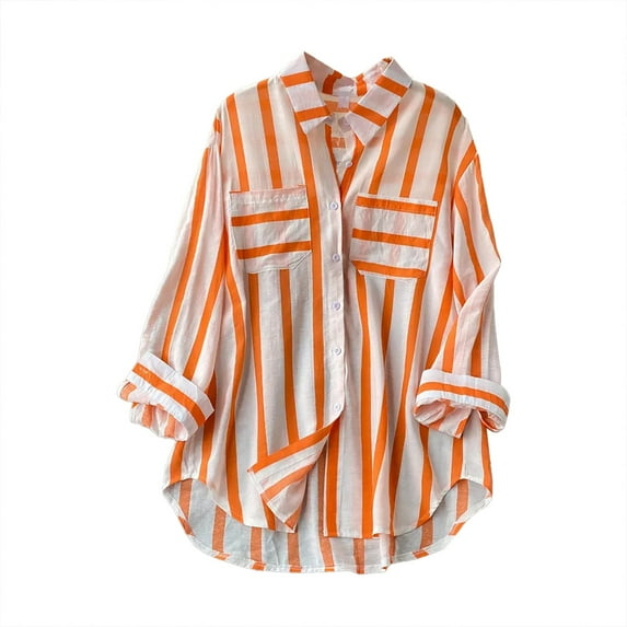 ZOHIUM Womens Clothes Women's Mid Length Vertical Stripe Casual Loose Long Sleeve Shirt Top Petite Tops for Women Summer Tops for Women 2055 Womens Blouses (Orange,M)