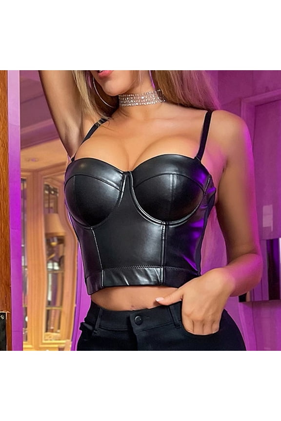 Womens Corset Top Bustier Corset Top Tight Fitting Corset Tank Top Suspender Pu Leather Top Solid Short Fashion (Black,S)