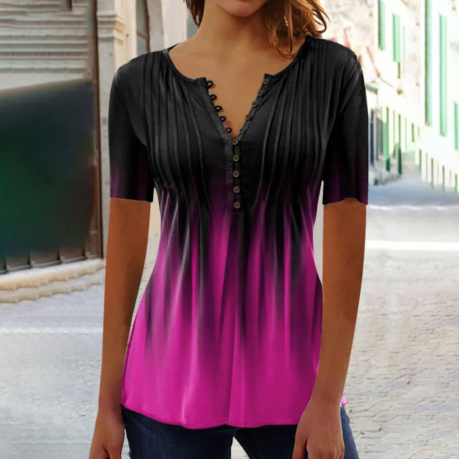 ZOHIUM Womens Summer Short Sleeve Fashion Pleated Button Fashion