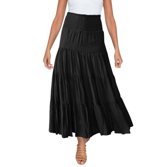 ZOHIUM Womens Summer Skirts Summer Skirt Women's Summer Elastic High Waist Boho Maxi Skirt Casual Drawstring A Line Long Skirt Black Skirt Flowy Skirts for Women (Black,Xl)