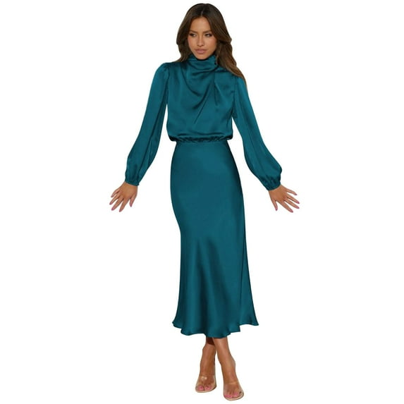 ZOHIUM Womens Sun Dresses 2024 Women's Mock Neck Satin Dress Elegant Long Sleeve Elastic High Waist Formal Wedding Cocktail Party Maxi Dresses (Dark Blue,M)
