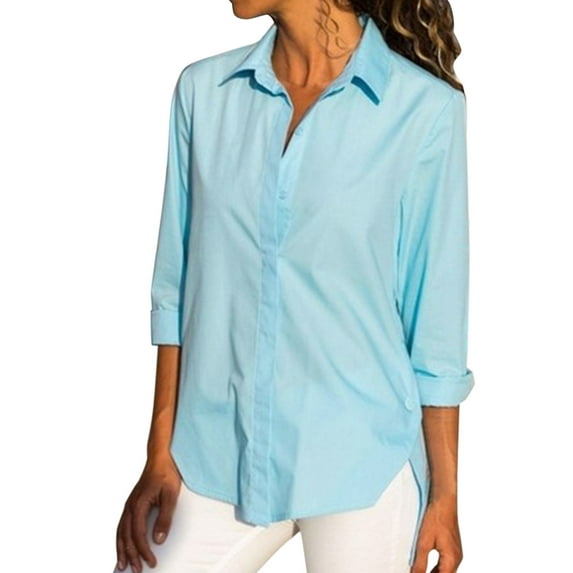 ZOHIUM Womens Tops Dressy Casual Ladies Spring and Autumn Solid Color Long Sleeve Split Side Button Stand Collar Shirt Clothes Womens Clothes Summer Tops (Sky Blue,M)